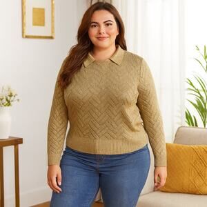 Soft Surroundings Sweater Women's Size X-Large Gold Metallic Collared Open Knit